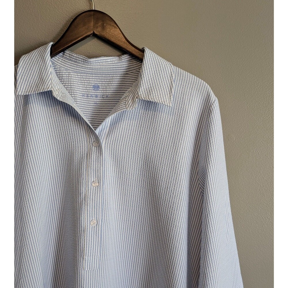 Renwick Womens XL Blue White Striped Seersucker Shirt Dress Button Down LS